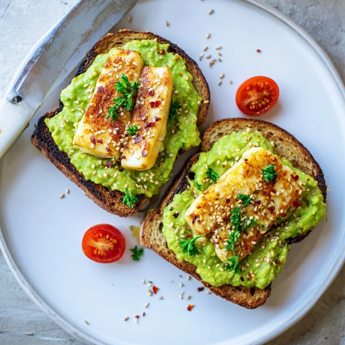 Pan-seared Crispy Halloumi Avocado Toast Recipe, lemony avocado mash and peppery finish