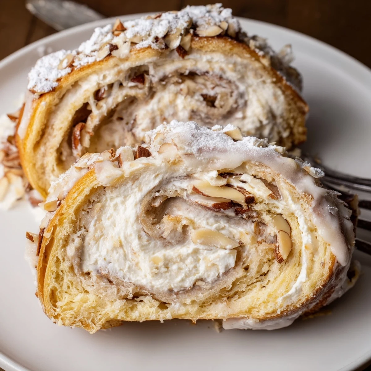 Almond Cream Cheese Rolls steaming on a baking dish, glazed and sliced.