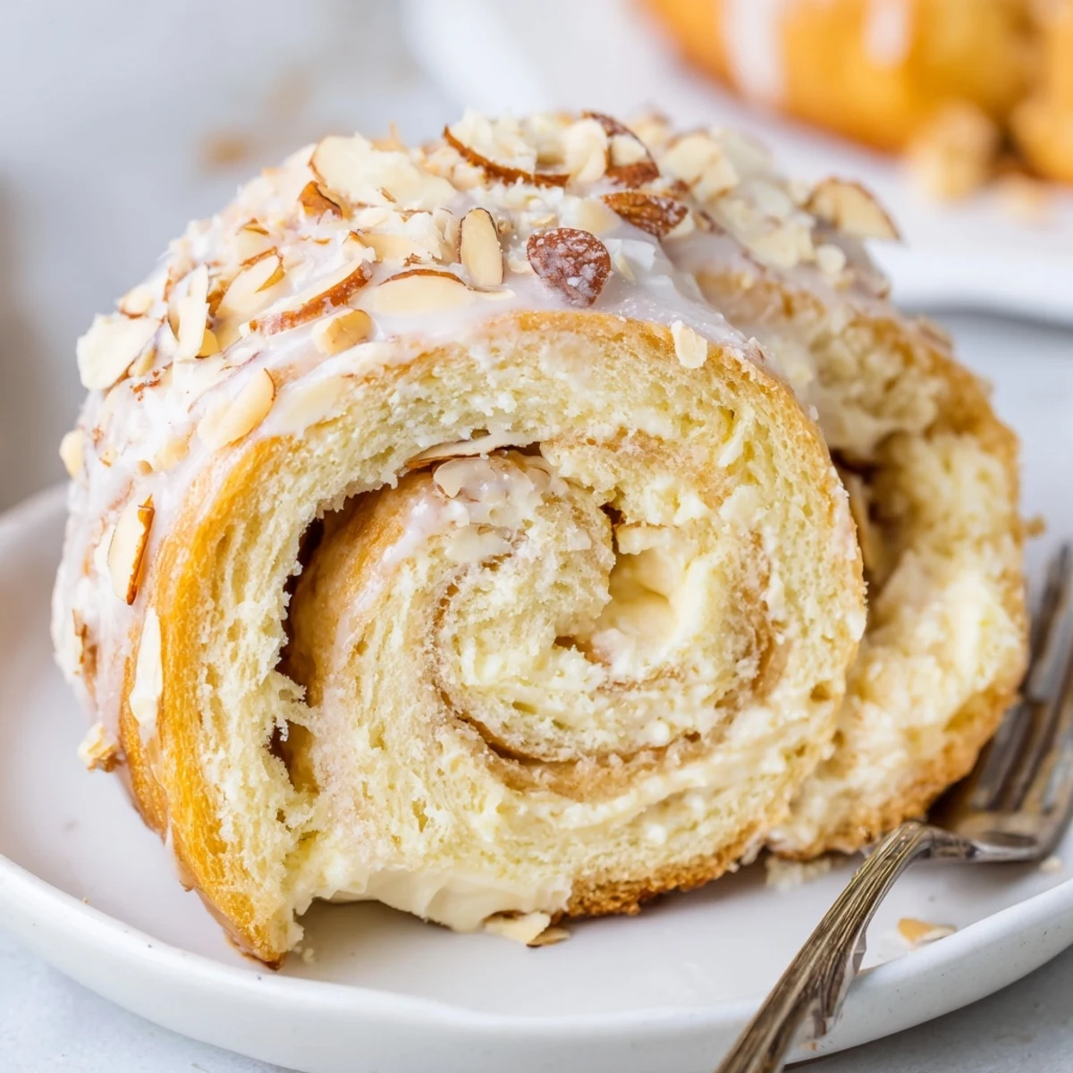 Plate of Almond Cream Cheese Rolls drizzled with almond glaze, soft and pillowy.