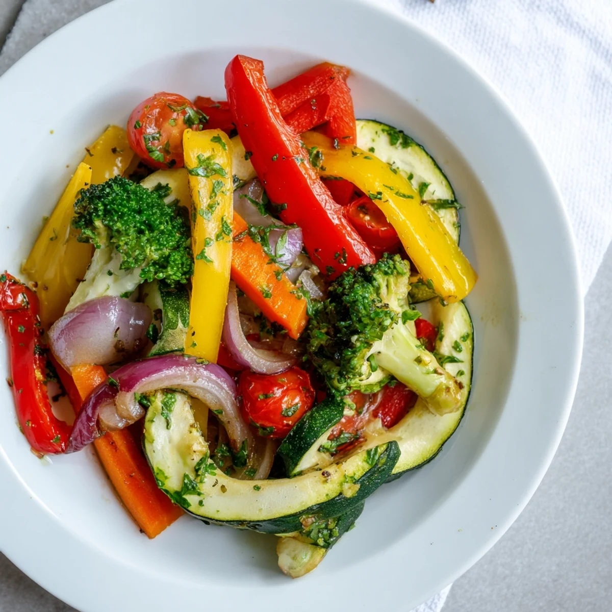 Garlic Infused Olive Oil Sauteed Veggies glistening with herbs, warm from skillet