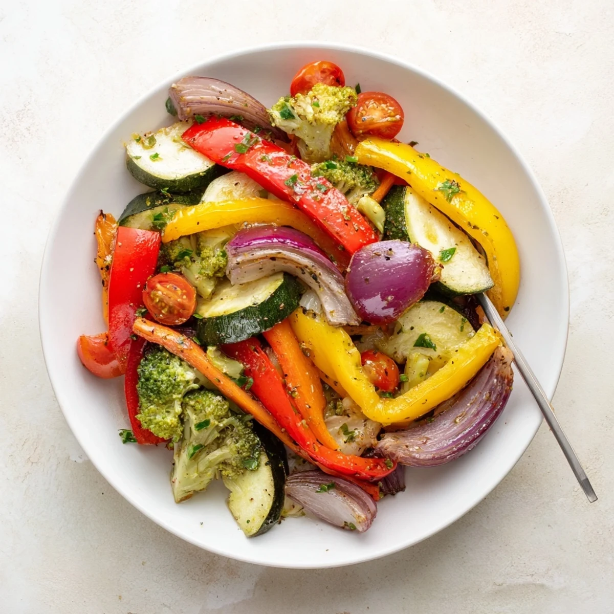 Bright Garlic Infused Olive Oil Sauteed Veggies tossed with parsley, juicy tomatoes
