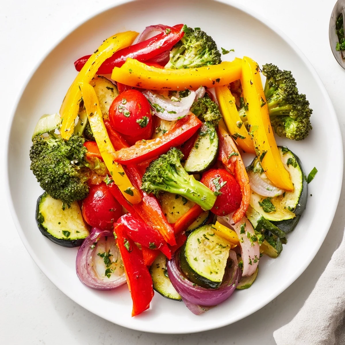 Pan-seared Garlic Infused Olive Oil Sauteed Veggies, crisp-tender and fragrant, served warm