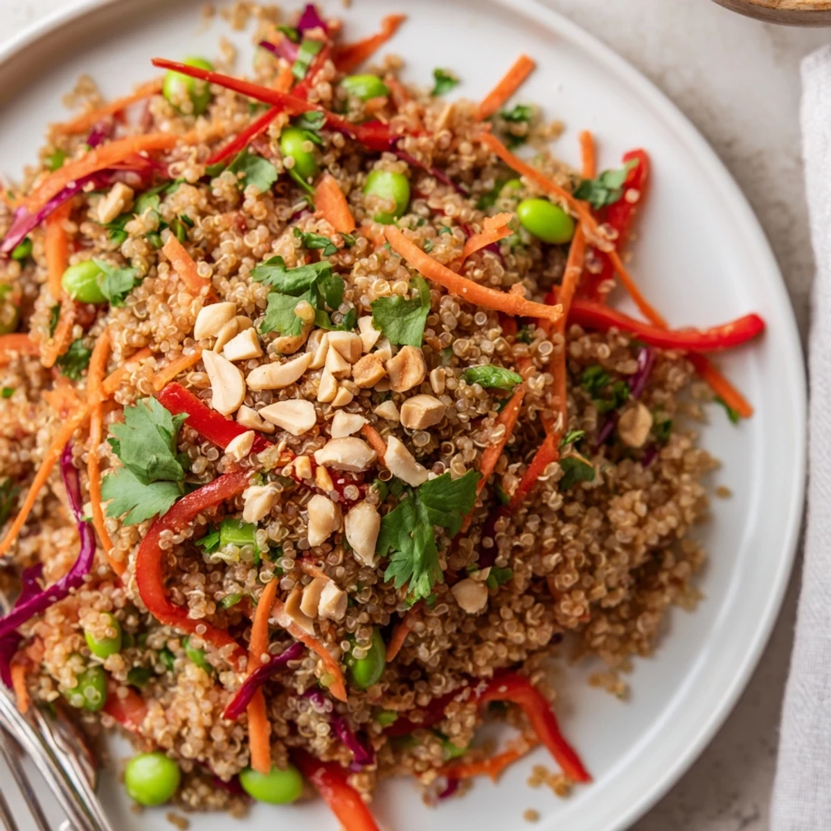 Asian Dressing Quinoa Salad with fluffy quinoa, crunchy veggies, zesty dressing drizzle