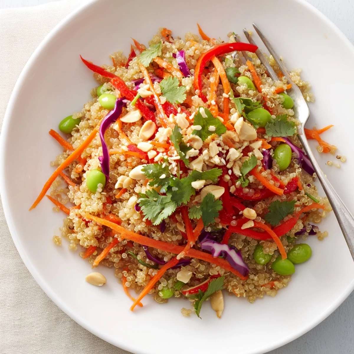 Chilled Asian Dressing Quinoa Salad served in bowl, edamame and sesame seed crunch