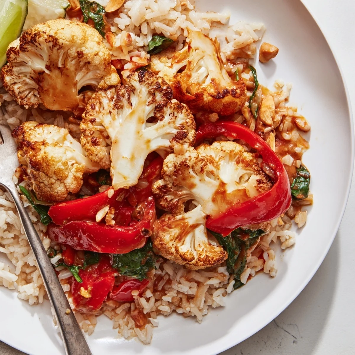 Hearty Roasted Cauliflower Red Curry Rice bowl topped with toasted cashews.