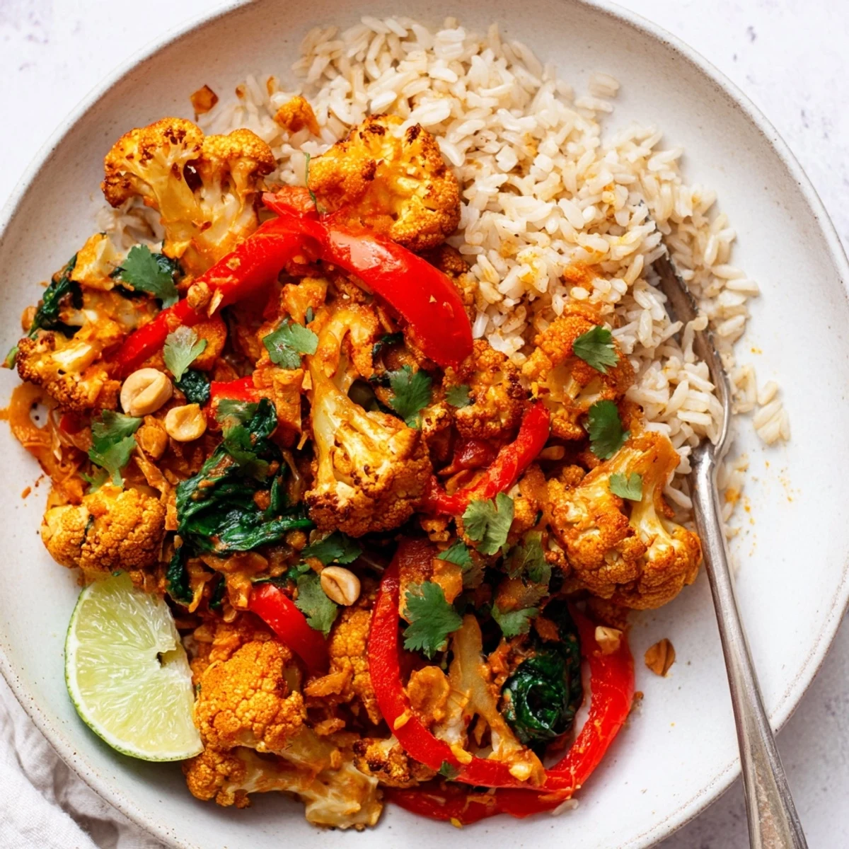 Bright Roasted Cauliflower Red Curry Rice with creamy coconut sauce, cilantro garnish.