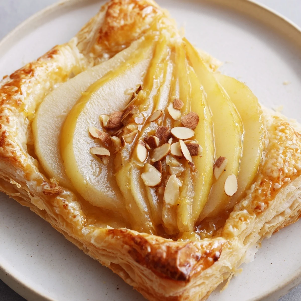 Warm Pear Puff Pastry Recipe served with melting vanilla ice cream and toasted almonds