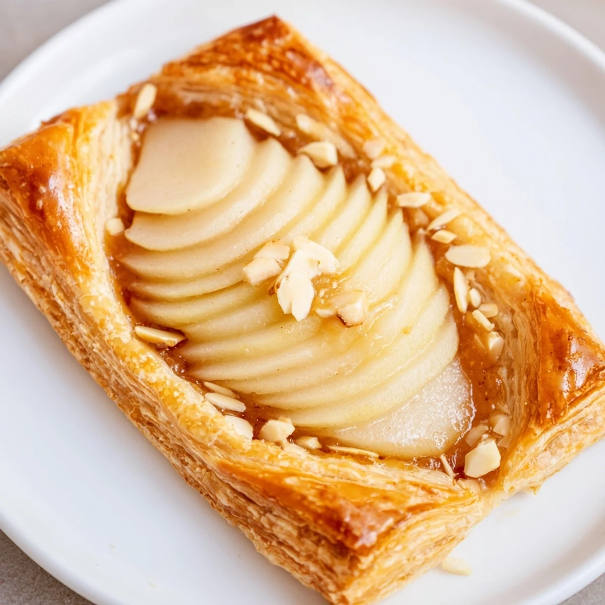 Close-up of baked Pear Puff Pastry Recipe, tender pear slices nestled in layers