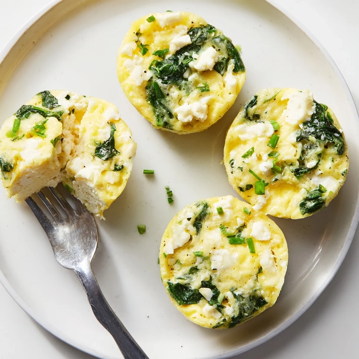 Close-up of Savory Spinach Feta Egg Bites showing crumbly feta, moist centers