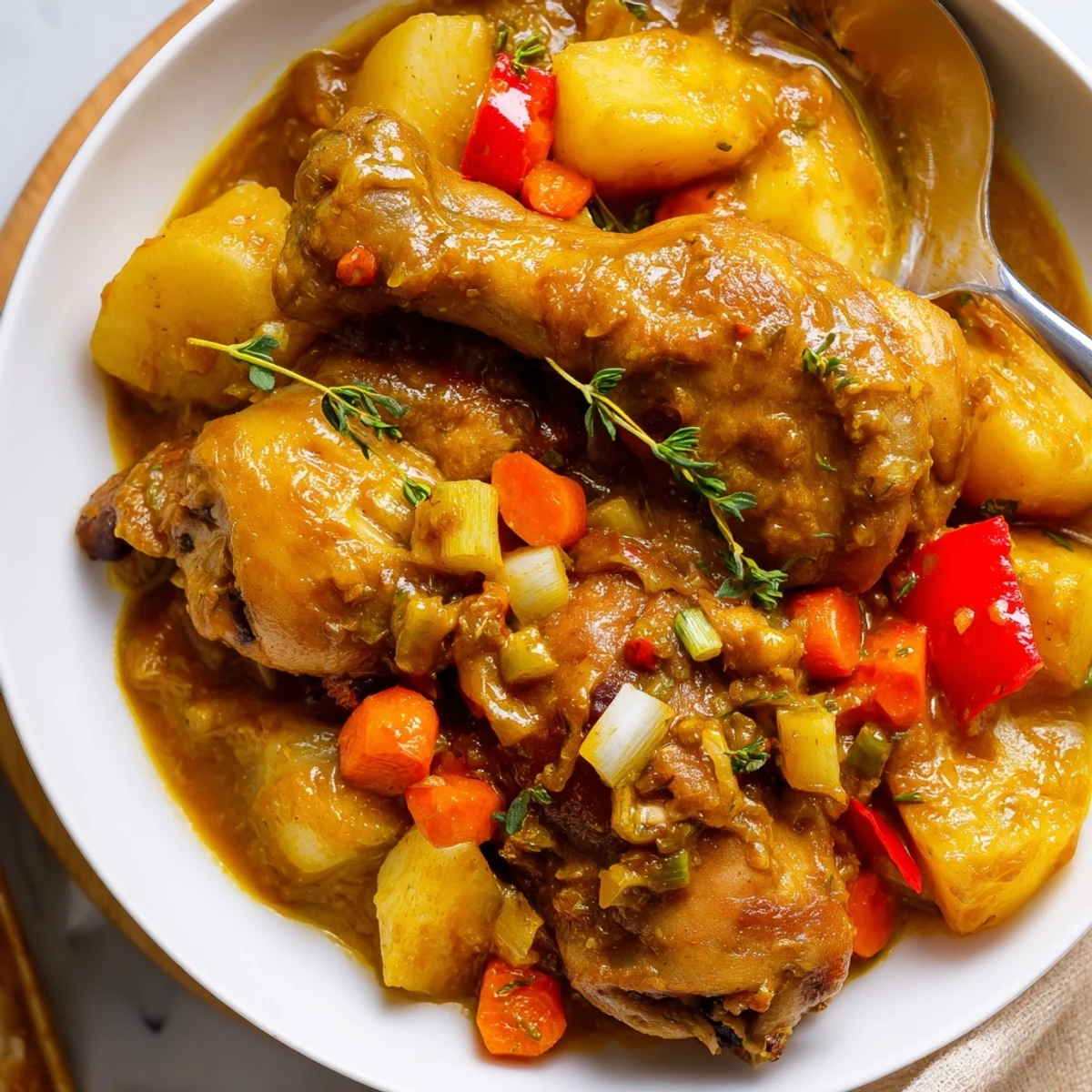 Bowl of Irresistibly Tender Jamaican Curry Chicken with tender potatoes, vibrant peppers