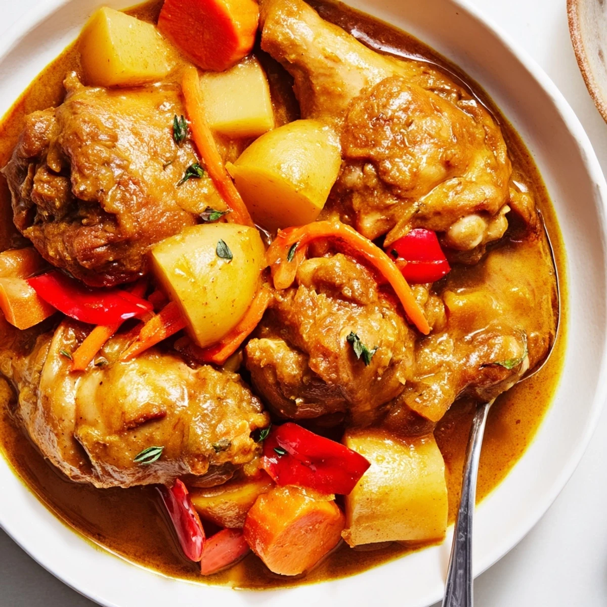 Irresistibly Tender Jamaican Curry Chicken simmering in golden sauce with steamed rice