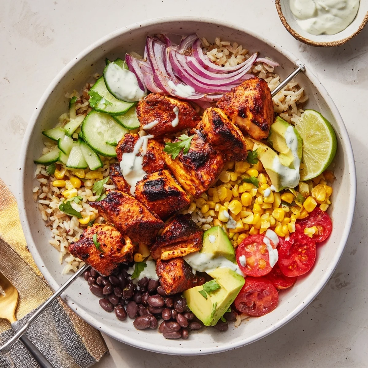 Smoky Chicken Skewer Bowl Recipe with charred chicken, creamy avocado, lime