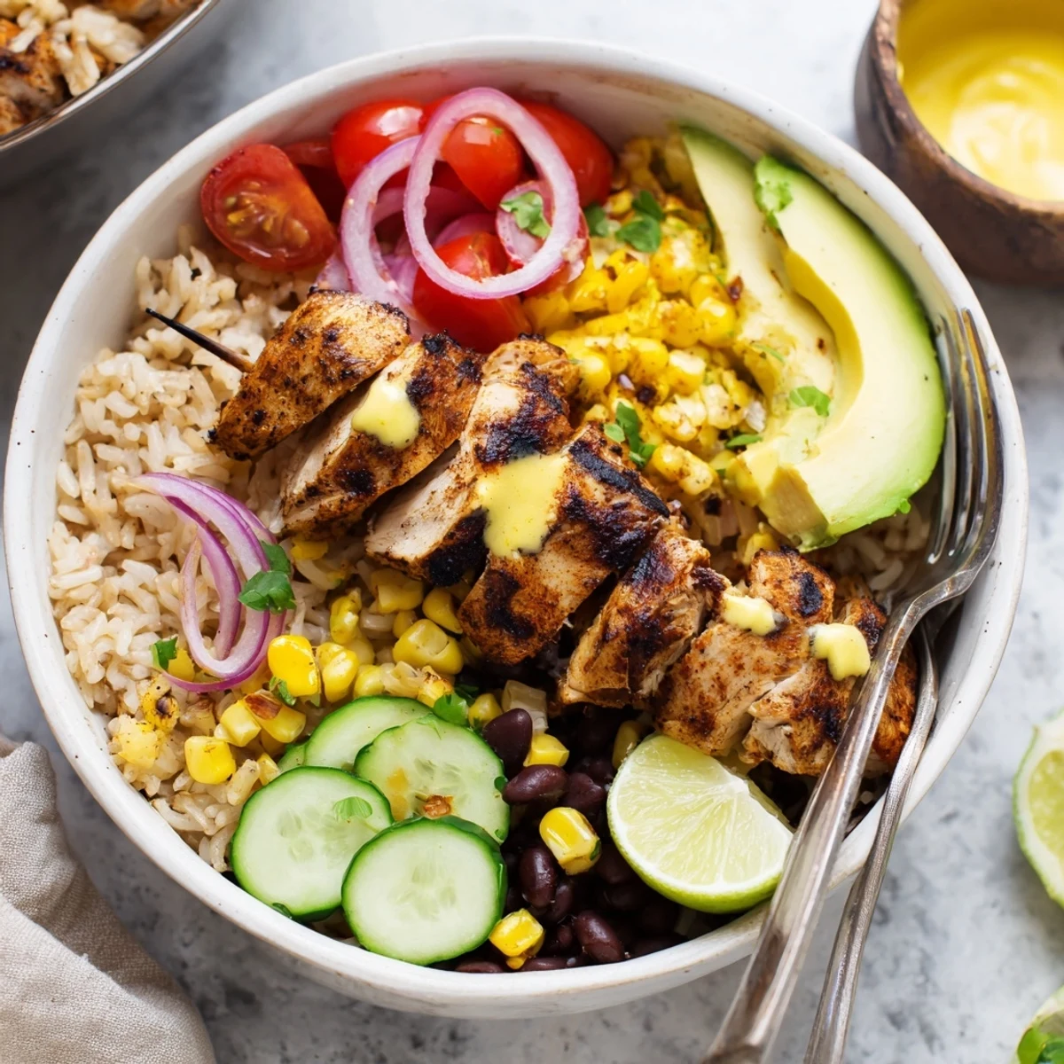 Smoky Chicken Skewer Bowl Recipe served over brown rice, zesty yogurt drizzle