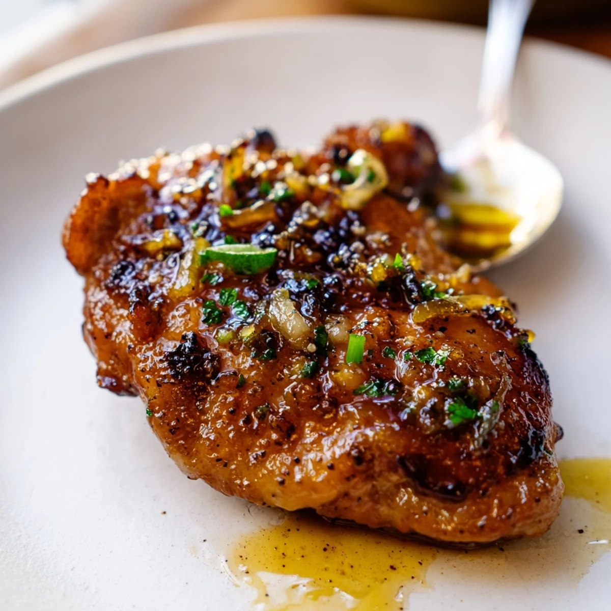 Sweet And Sticky Honey Butter Chicken Thighs glazed, golden, steaming over white rice