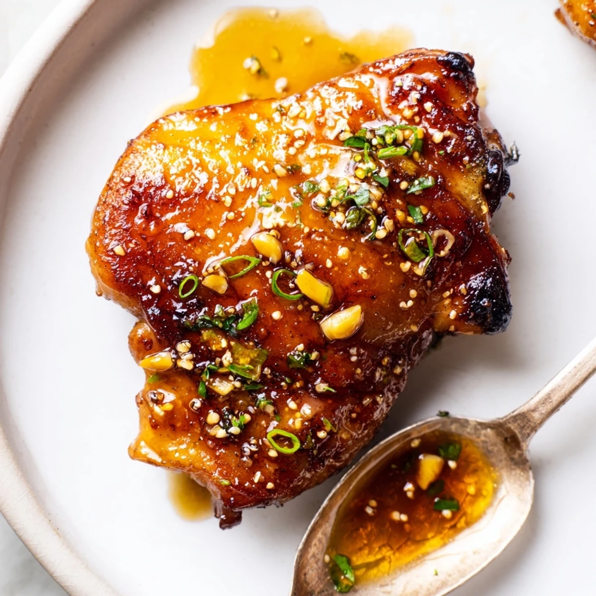 Caramelized, garlicky Sweet And Sticky Honey Butter Chicken Thighs garnished with parsley