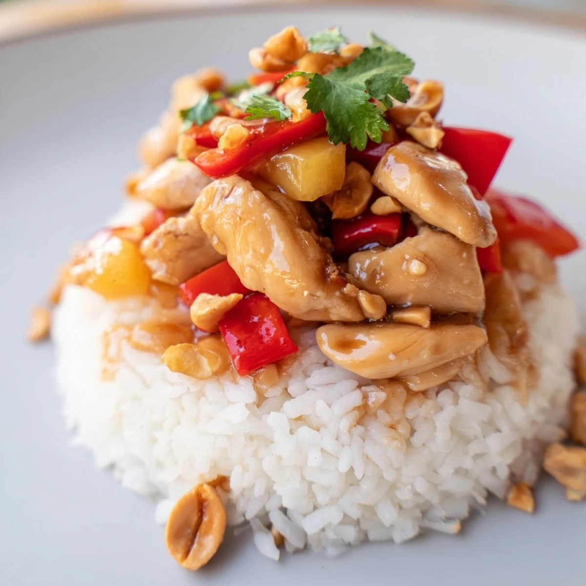 Tropical Sweet And Spicy Chicken Rice Delight steaming over fluffy white rice, cilantro