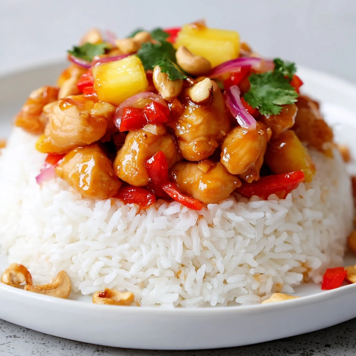 Plated Tropical Sweet And Spicy Chicken Rice Delight with juicy pineapple and mango