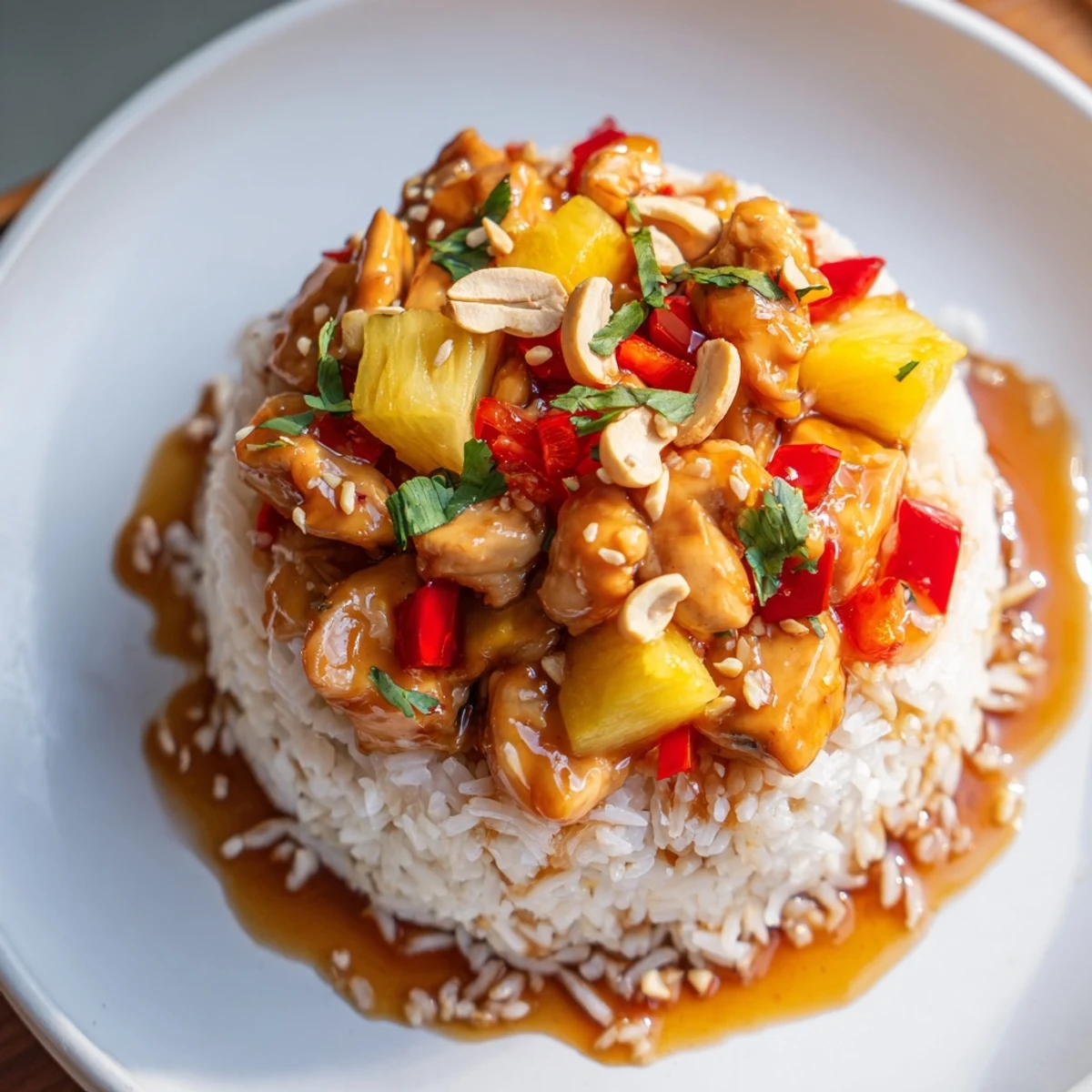 Weeknight Tropical Sweet And Spicy Chicken Rice Delight tossed with toasted cashews, ginger