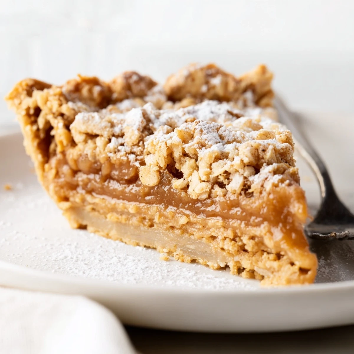 Close up Milk Bar Crack Pie showing gooey caramel center and powdered sugar