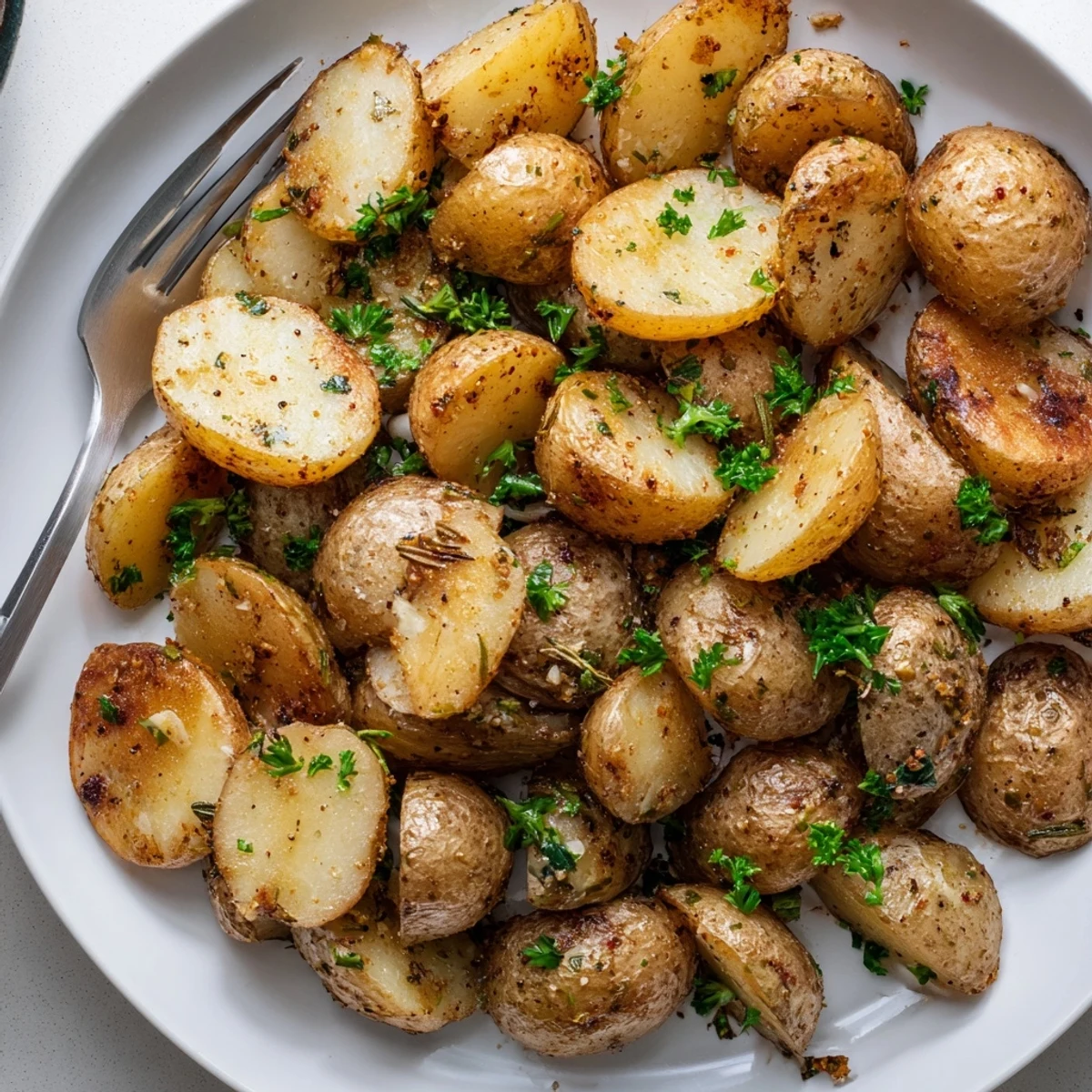 Crispy Oven Roasted Baby Potatoes glistening with olive oil, golden and steaming.