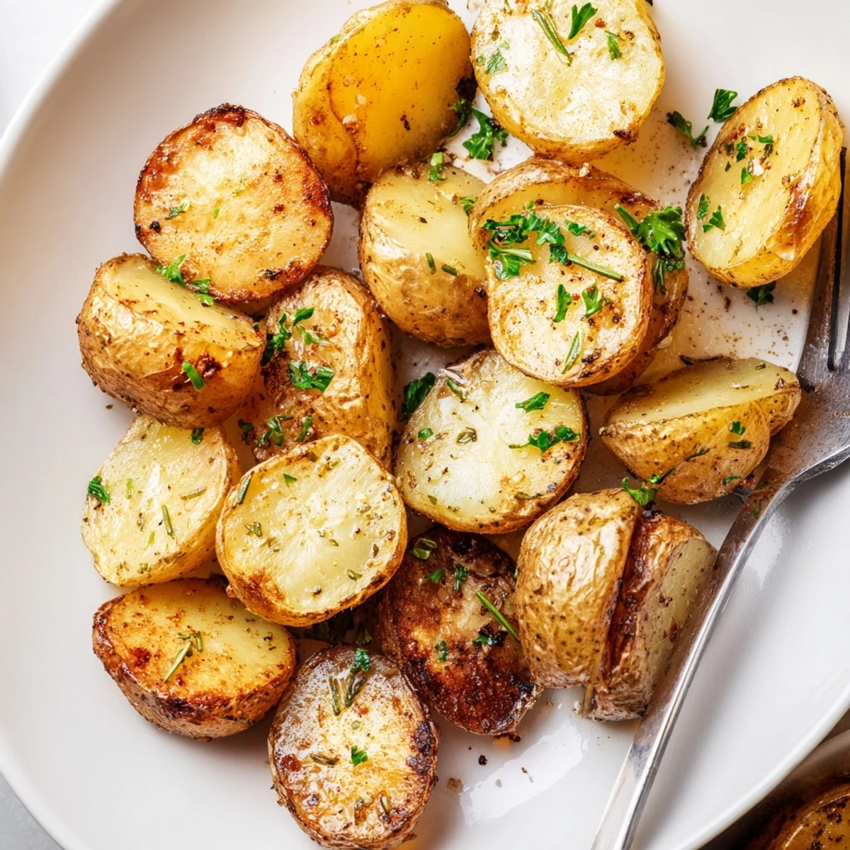 Piled on a hot baking sheet, Crispy Oven Roasted Baby Potatoes crisp.