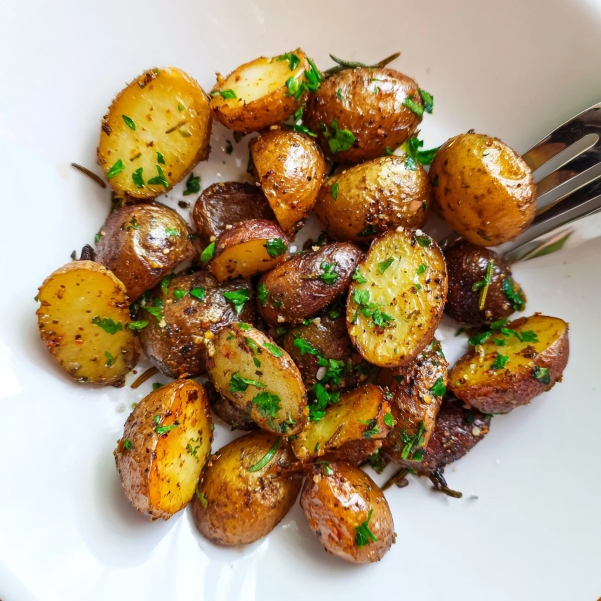 Crispy Oven Roasted Baby Potatoes served hot with chopped parsley, smoky aroma.