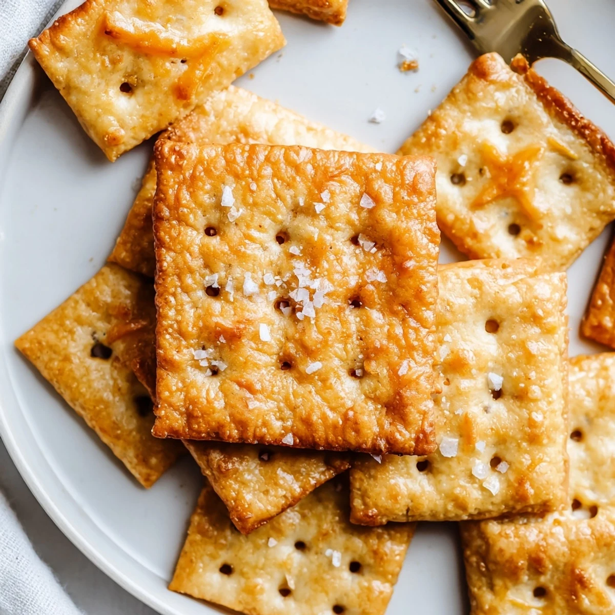 Golden Sourdough Cheddar Snack Crackers stacked on parchment, coarse salt glinting