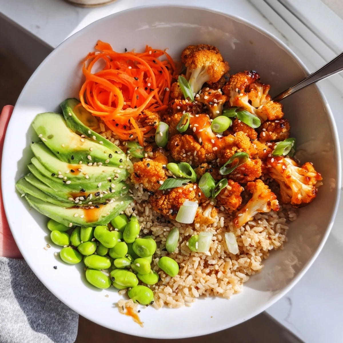 Teriyaki Cauliflower Power Bowls glistening with savory-sweet glaze over steaming jasmine rice