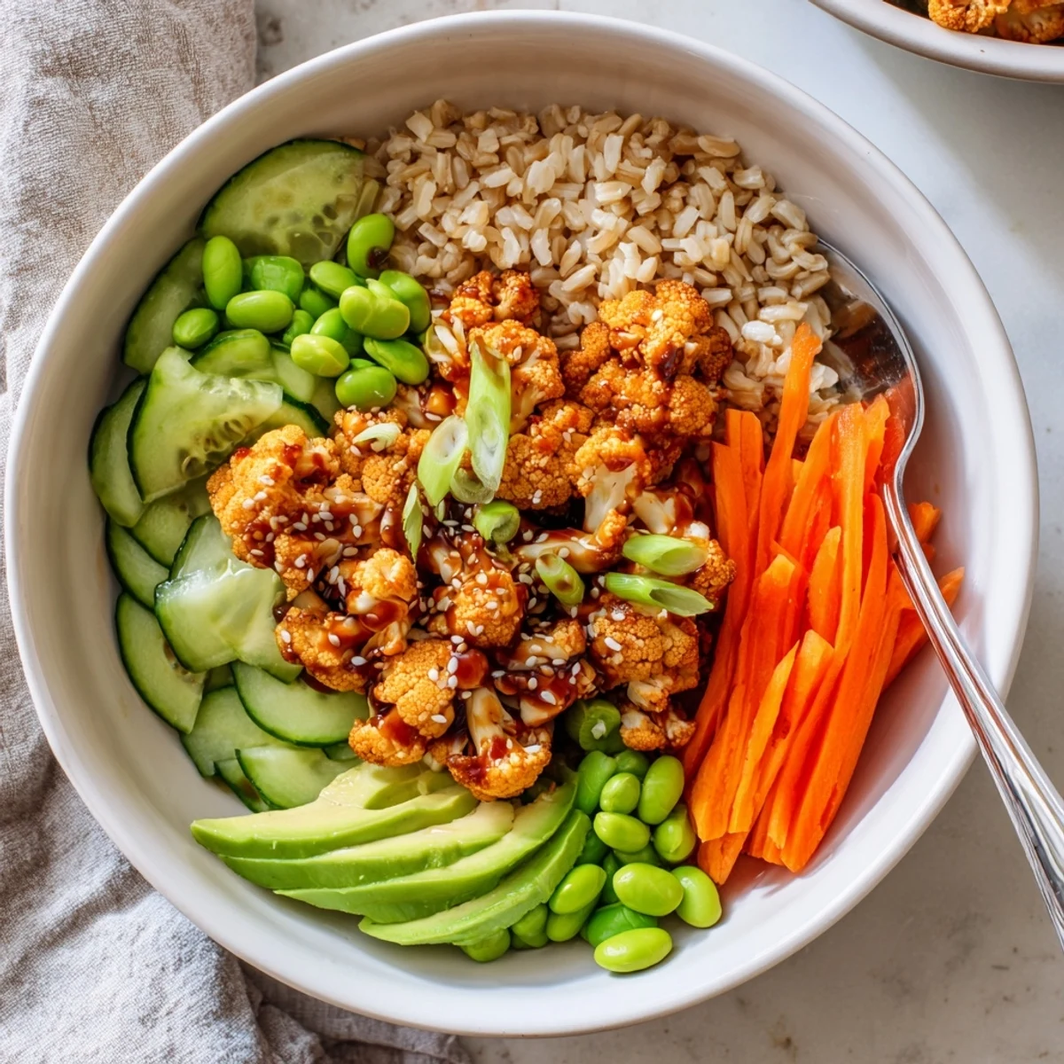 Warm Teriyaki Cauliflower Power Bowls topped with creamy avocado, crunchy carrots, sesame seeds