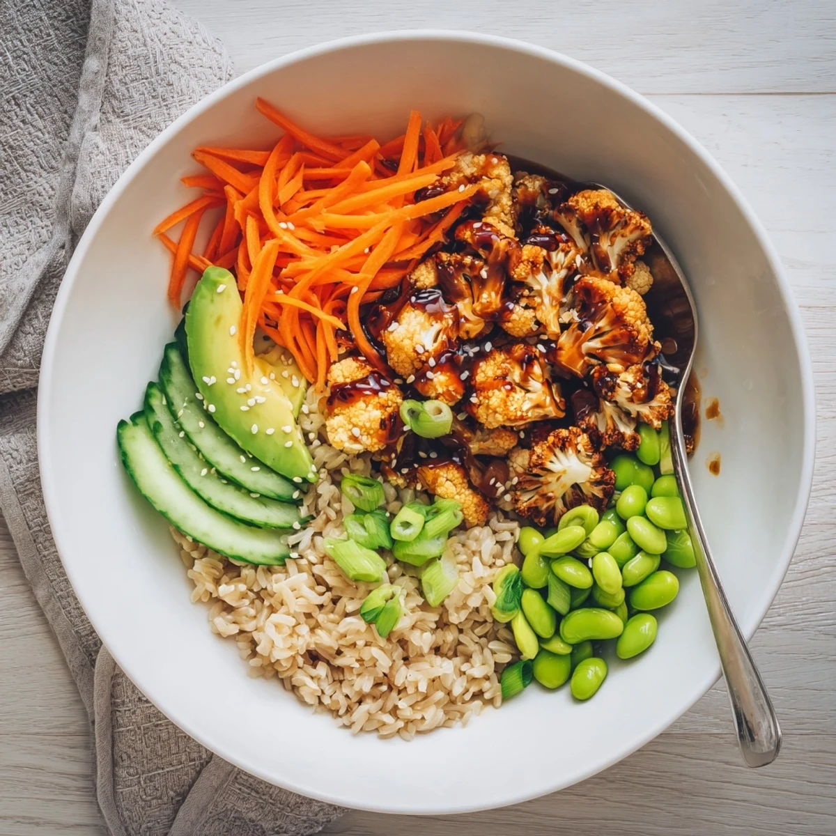 Colorful Teriyaki Cauliflower Power Bowls prepped for lunch, fragrant ginger garlic sauce visible