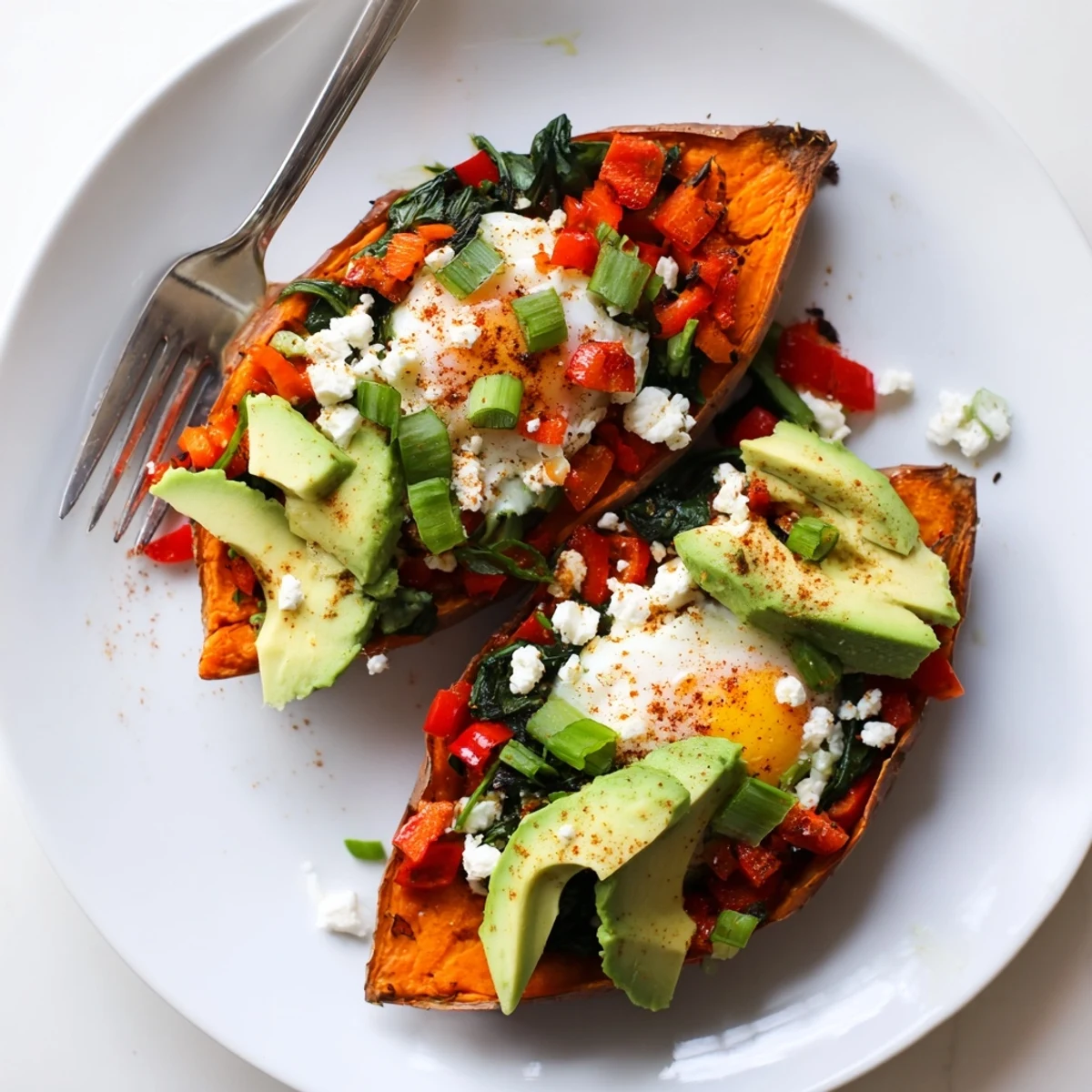 Sweet Potato Breakfast Boats with runny baked eggs, avocado, and feta