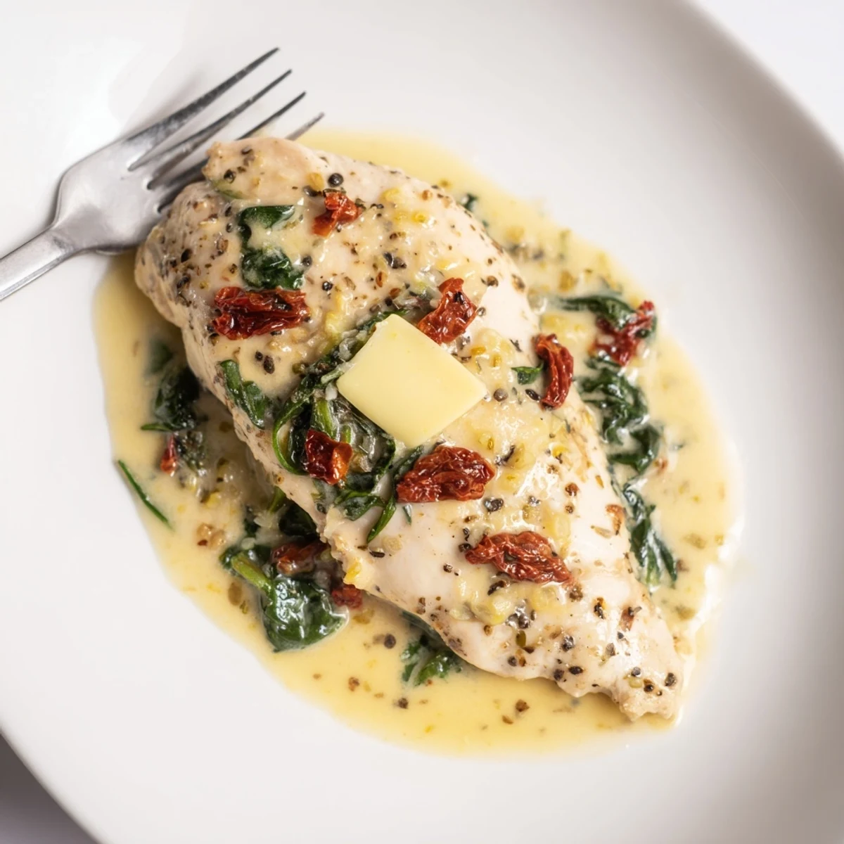 Slow Cooker Tuscan Chicken in creamy parmesan sauce with wilted spinach