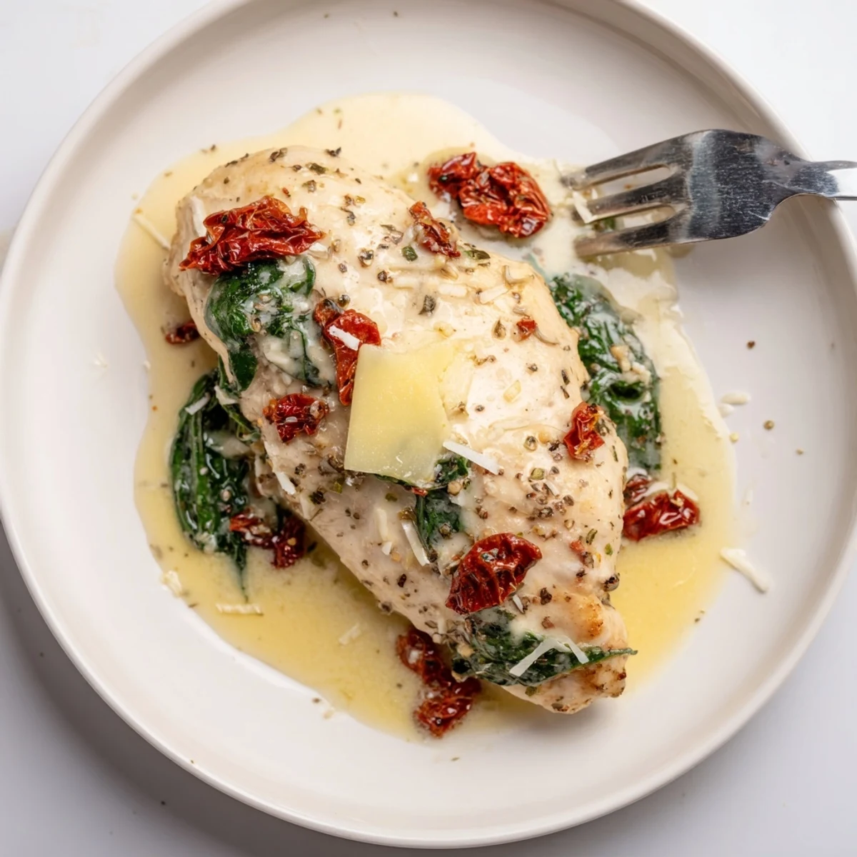 Hearty Slow Cooker Tuscan Chicken topped with sun-dried tomatoes, savory garlic