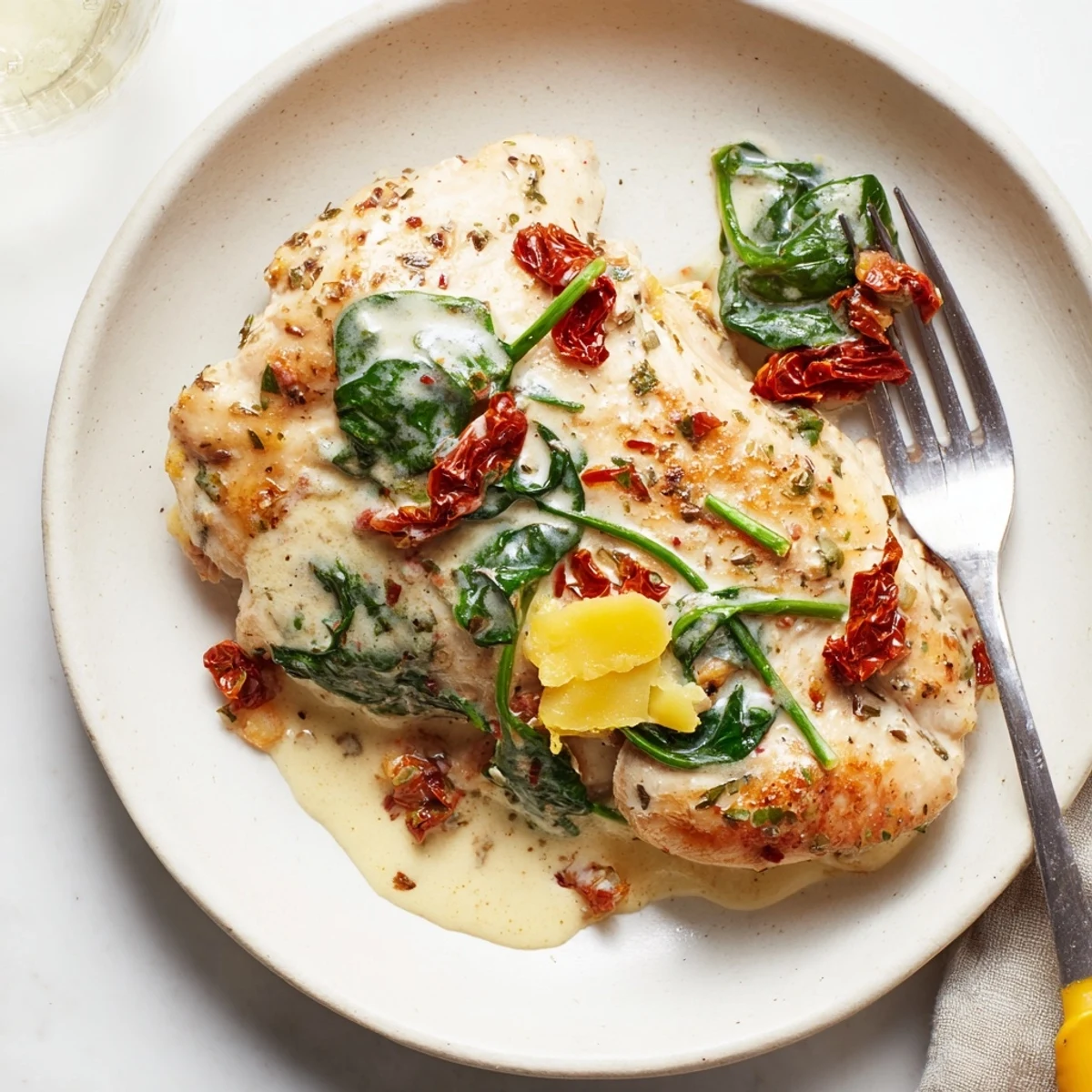 Sliced Slow Cooker Tuscan Chicken served beside crusty bread, creamy sauce