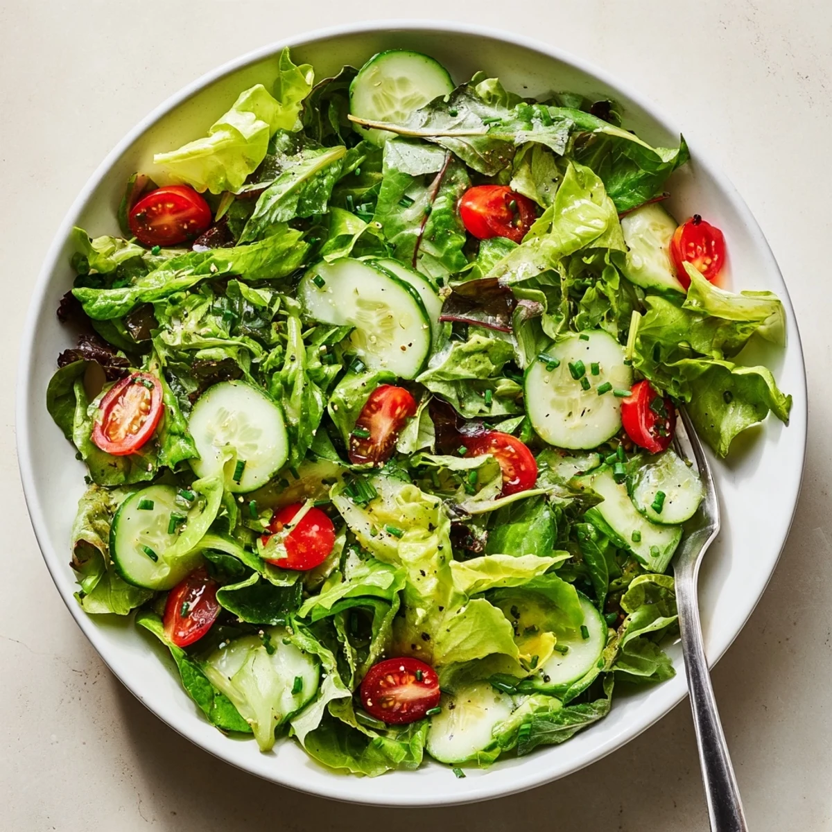 Simple Green Salad Recipe ready in ten minutes, served alongside grilled chicken