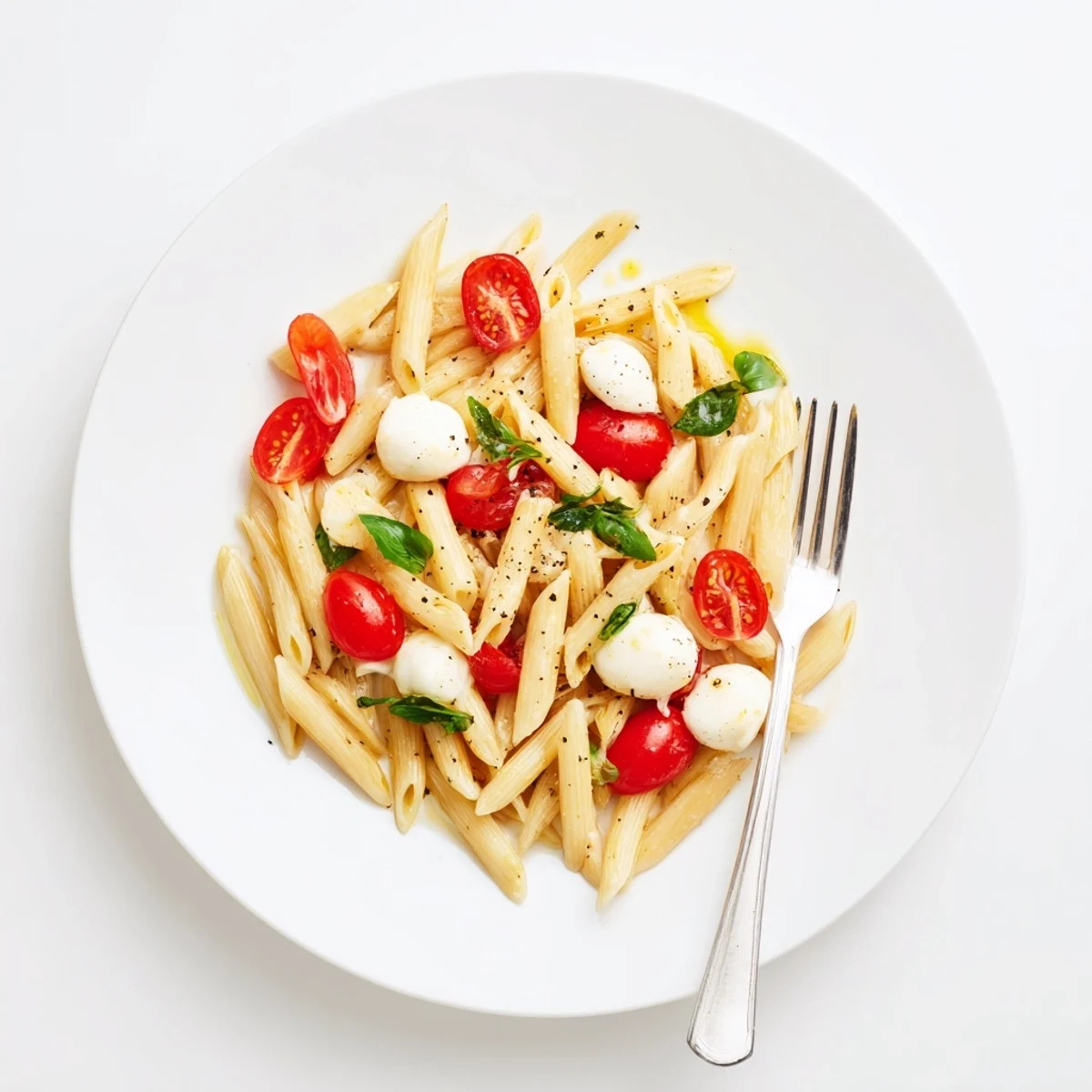 Caprese Pasta Recipe with glossy cherry tomatoes, melting mozzarella, torn basil.
