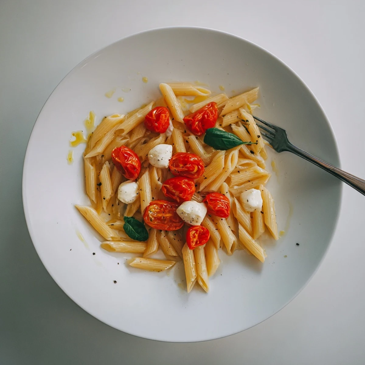 Bright, tangy Caprese Pasta Recipe studded with juicy cherry tomatoes, basil.
