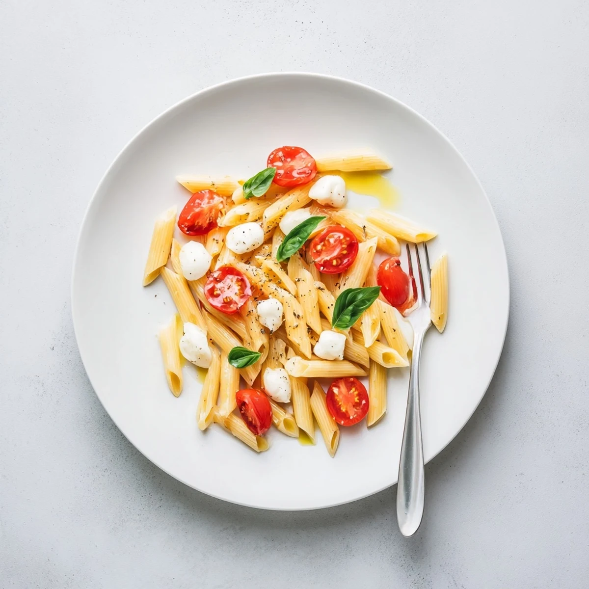 Warm pasta bowl of Caprese Pasta Recipe tossed in fragrant olive oil.