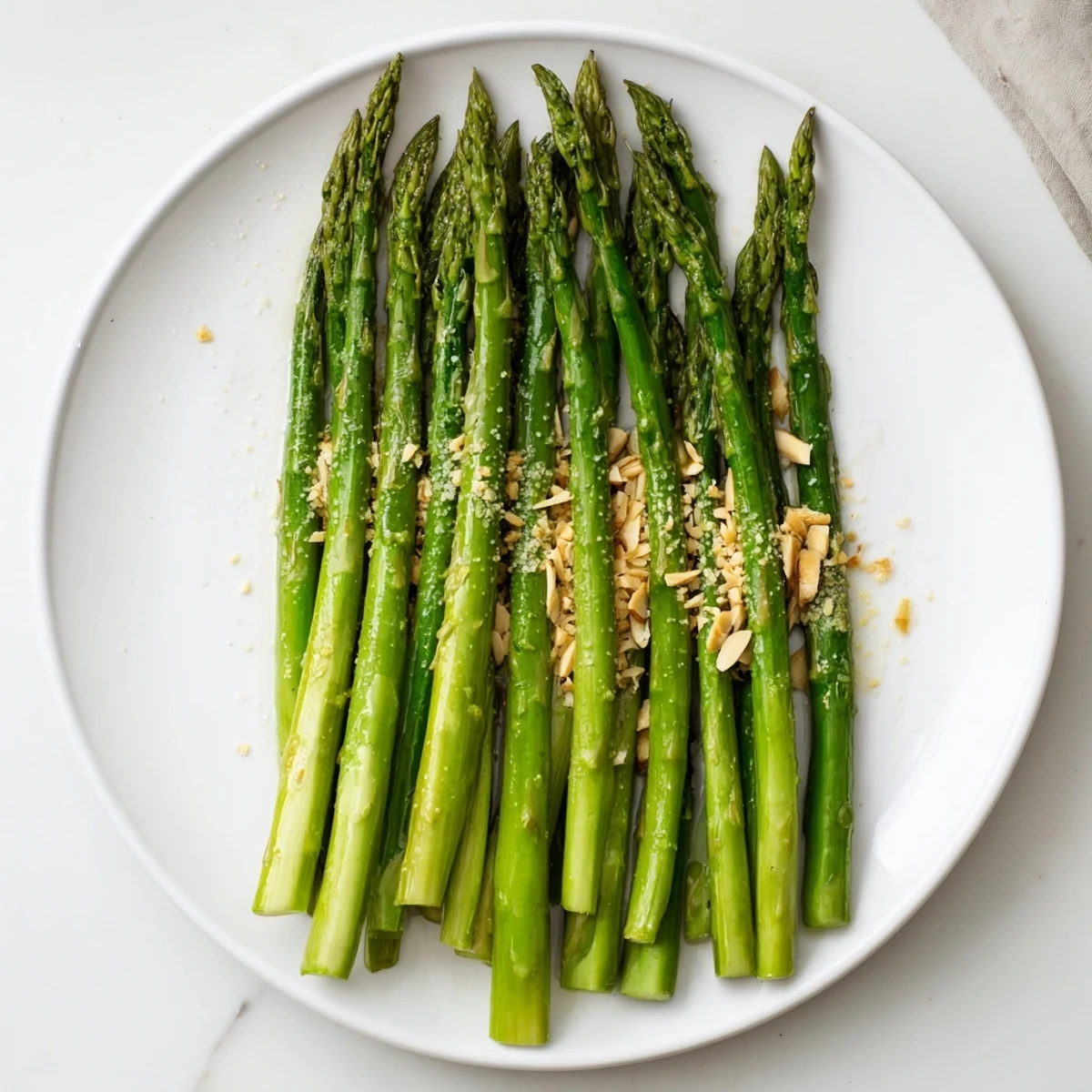 Glistening Steamed Asparagus with olive oil, tender bright green tips on platter