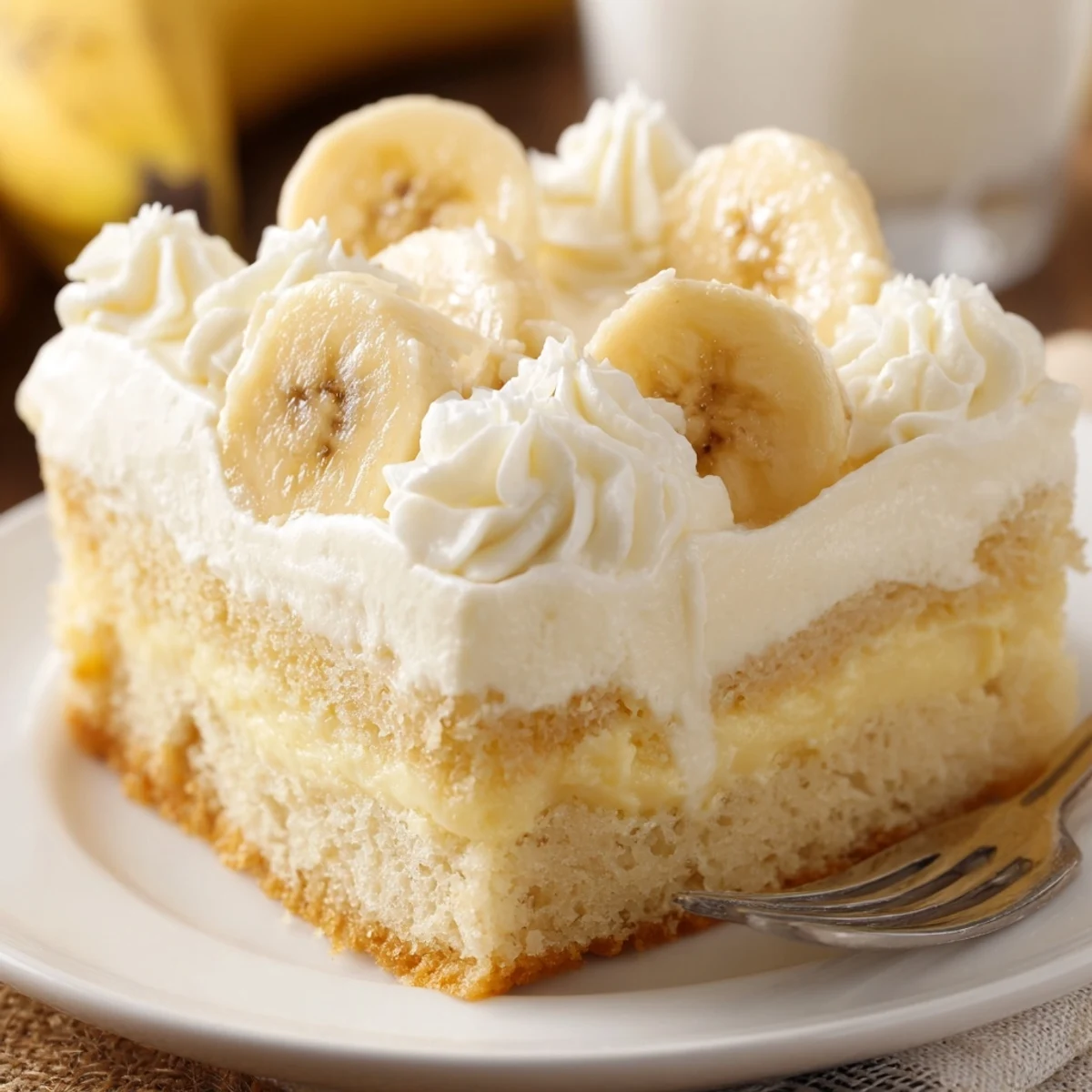 Bright Banana Pudding Cake Recipe sliced on a plate, creamy pudding peeking
