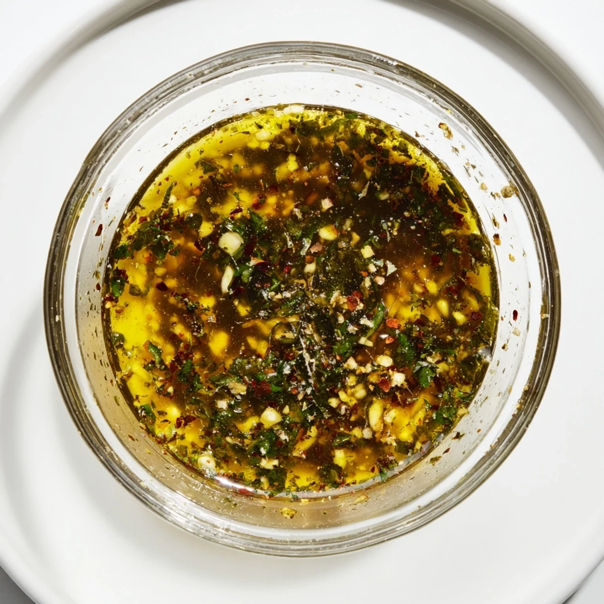 Golden Italian vinaigrette dressing drizzled over fresh green salad with vibrant herbs