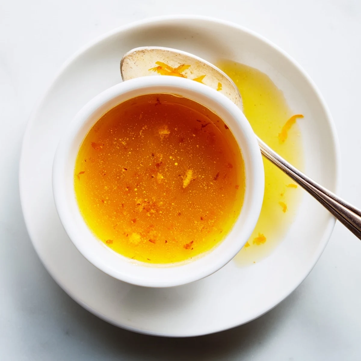 Golden orange vinaigrette drizzled over fresh mixed greens in a white bowl