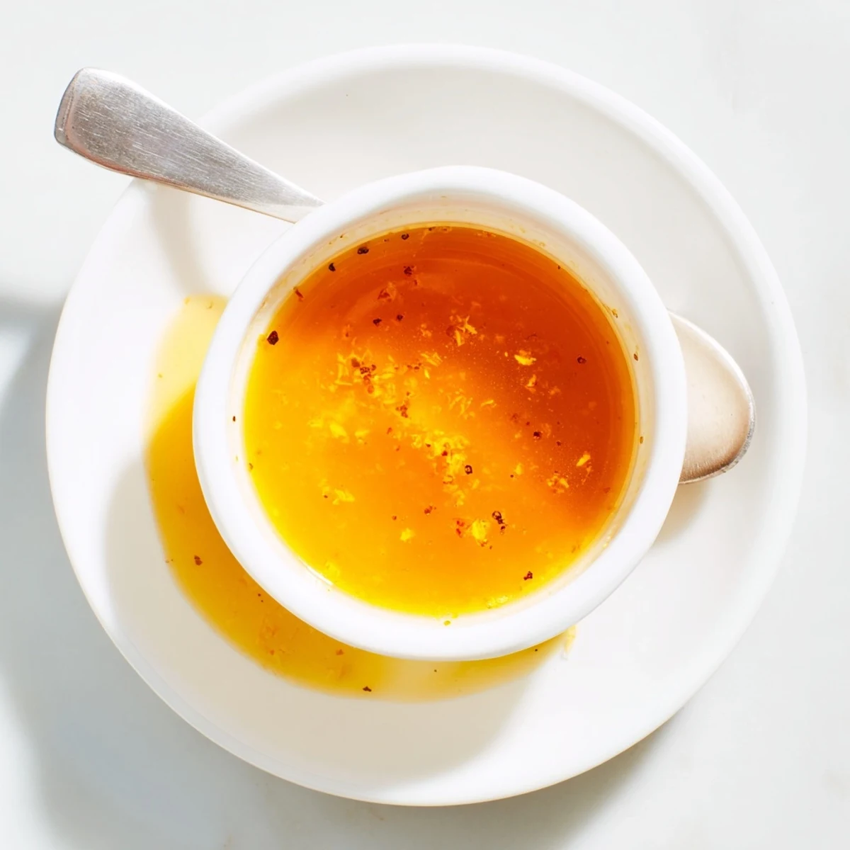Creamy homemade orange vinaigrette dressing whisked in a glass measuring cup with olive oil