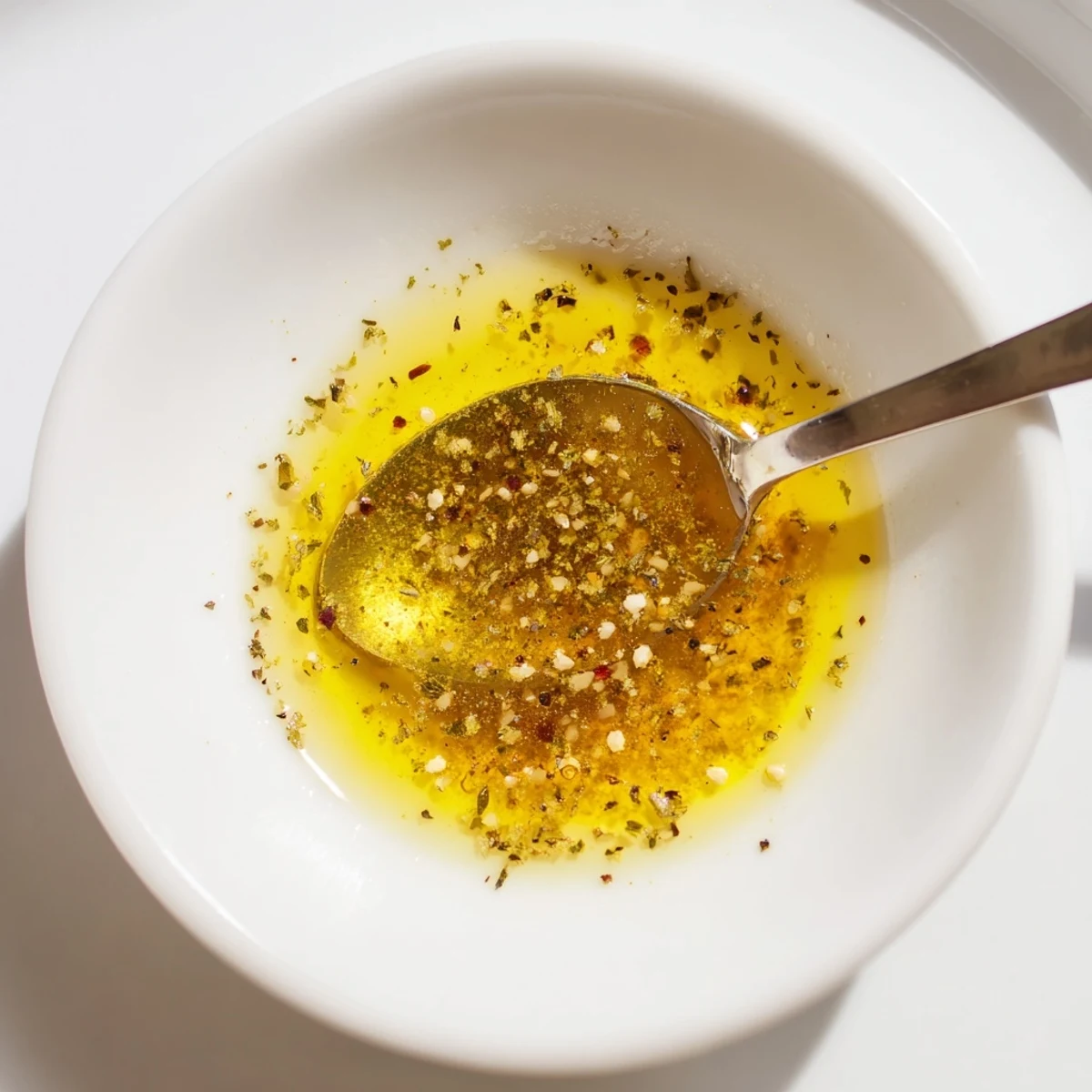 Golden Greek dressing with red wine vinegar and Dijon mustard drizzled over fresh garden salad