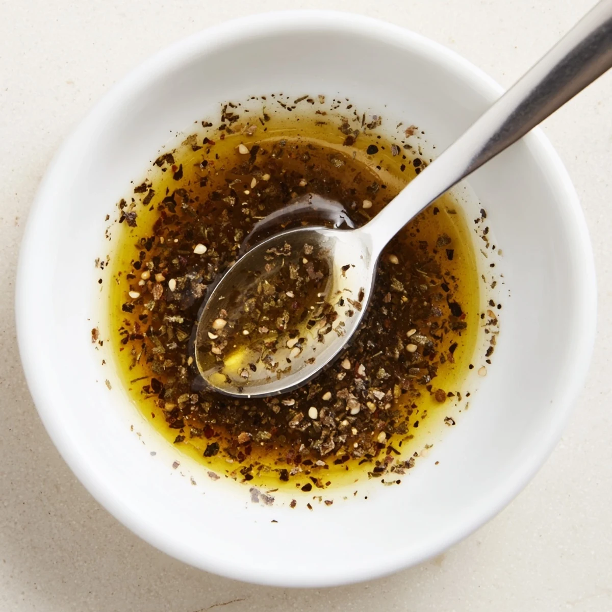 Vibrant red wine vinegar and Dijon Greek dressing whisked in a bowl with olive oil and herbs
