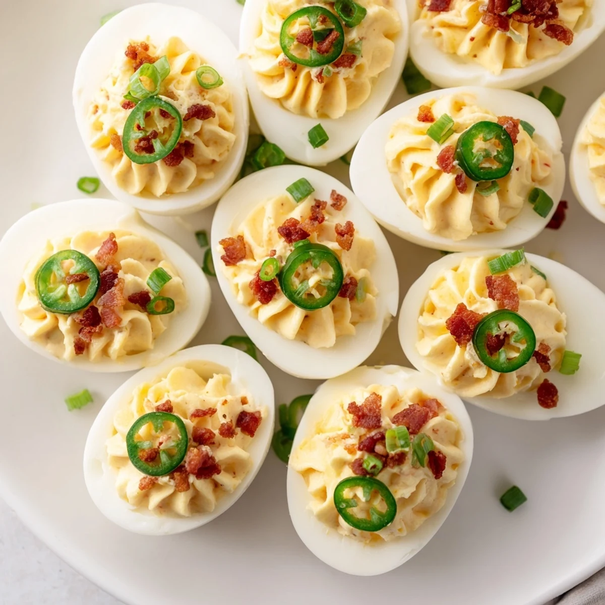 A platter of Jalapeno Popper Deviled Eggs Recipe, chilled and ready to serve  