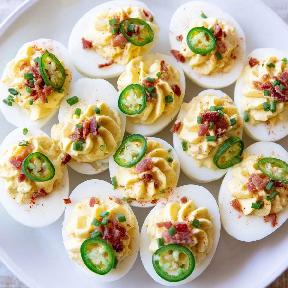 Jalapeno Popper Deviled Eggs Recipe: creamy yolk, crispy bacon, bright jalapeño garnish  