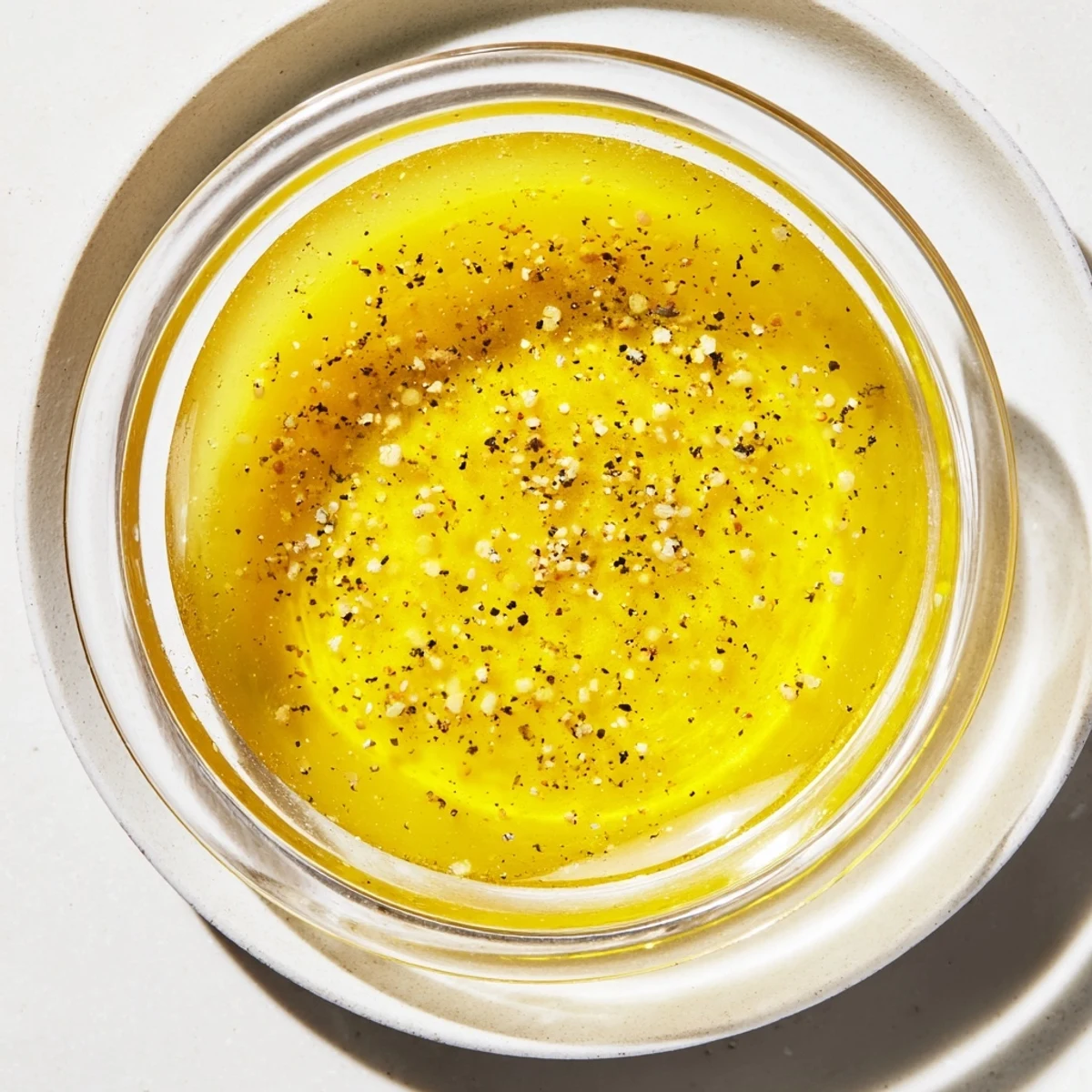 Golden Ina Garten lemon vinaigrette dressing drizzled over fresh green salad in white bowl