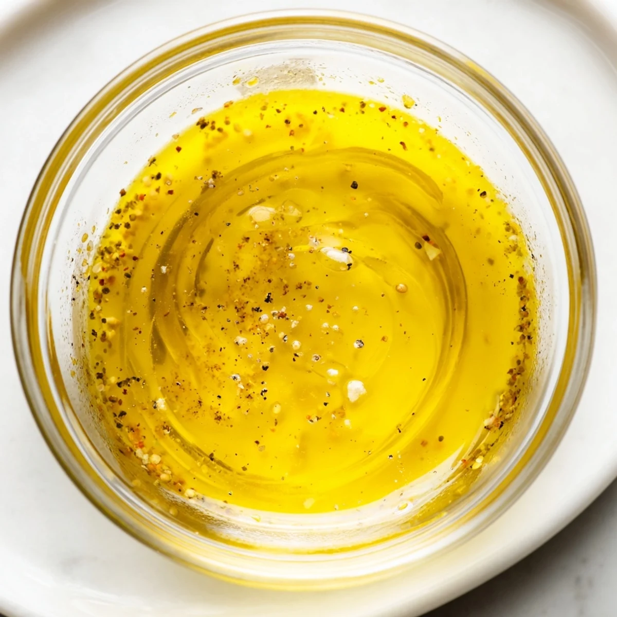Homemade Ina Garten lemon vinaigrette emulsified in glass jar with whisk and bright citrus garnish