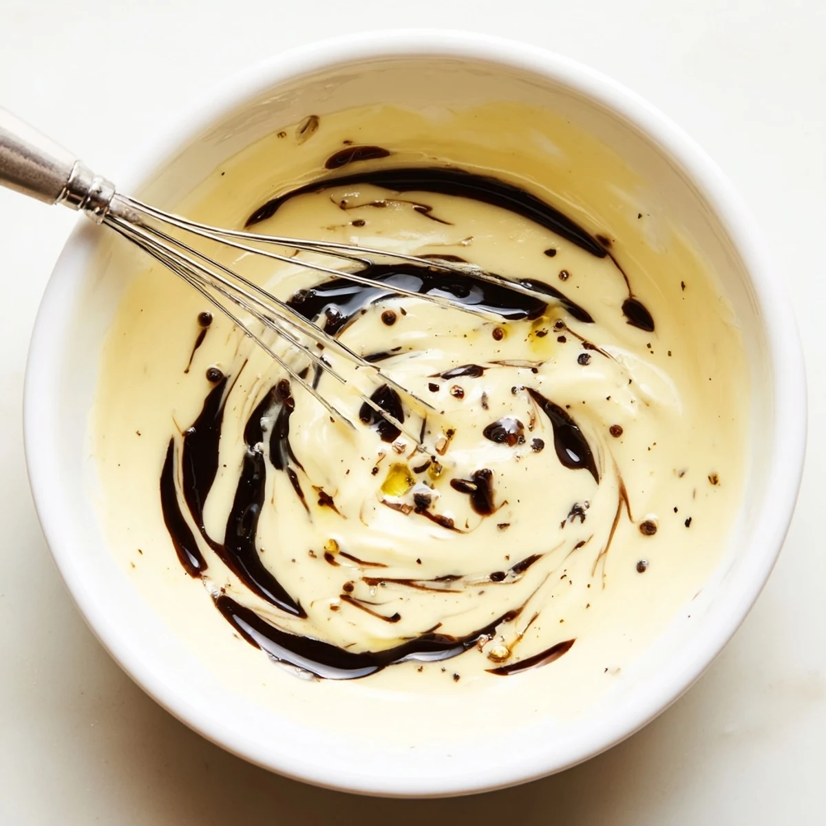 Glass jar of rich creamy balsamic vinaigrette dressing drizzled over fresh mixed green salad